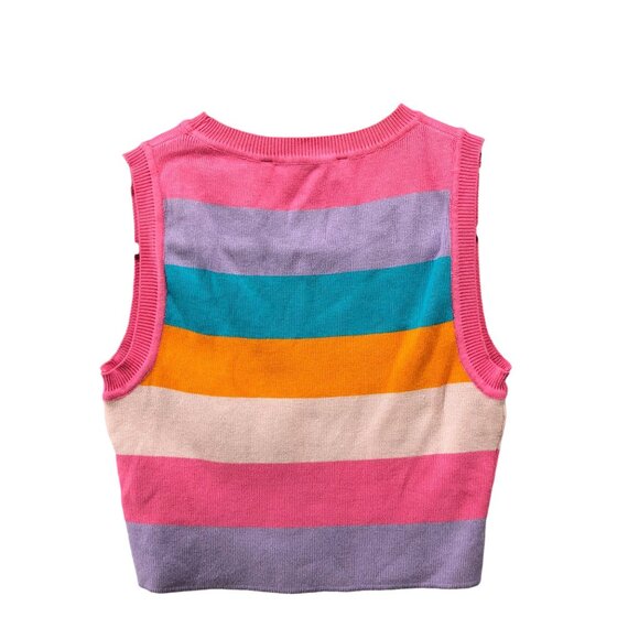 Zara Cropped Sleeveless Sweater Womens S Multicolor Stripe Candy Crewneck Fitted - Picture 2 of 9